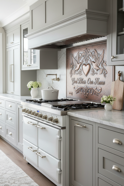 Elegant God Bless Our Home Copper Backsplash with Gray Cabinets