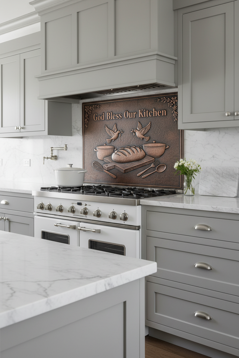 Elegant God Bless Our Kitchen Copper Backsplash with Gray Cabinets