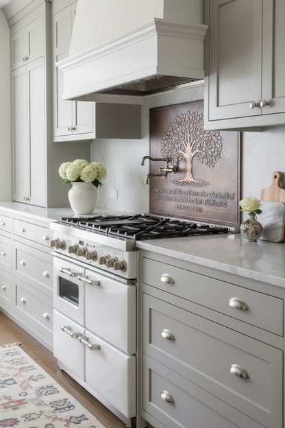 Elegant Tree of Life Bible Verse Copper Backsplash Proverbs 3:18 with Gray Cabinets