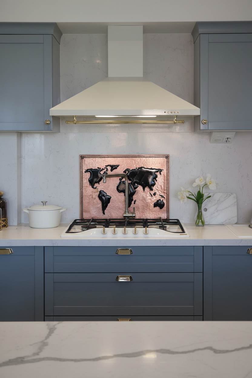 Elegant World Map Copper & Black Backsplash in Transitional Kitchen with Gray Cabinets
