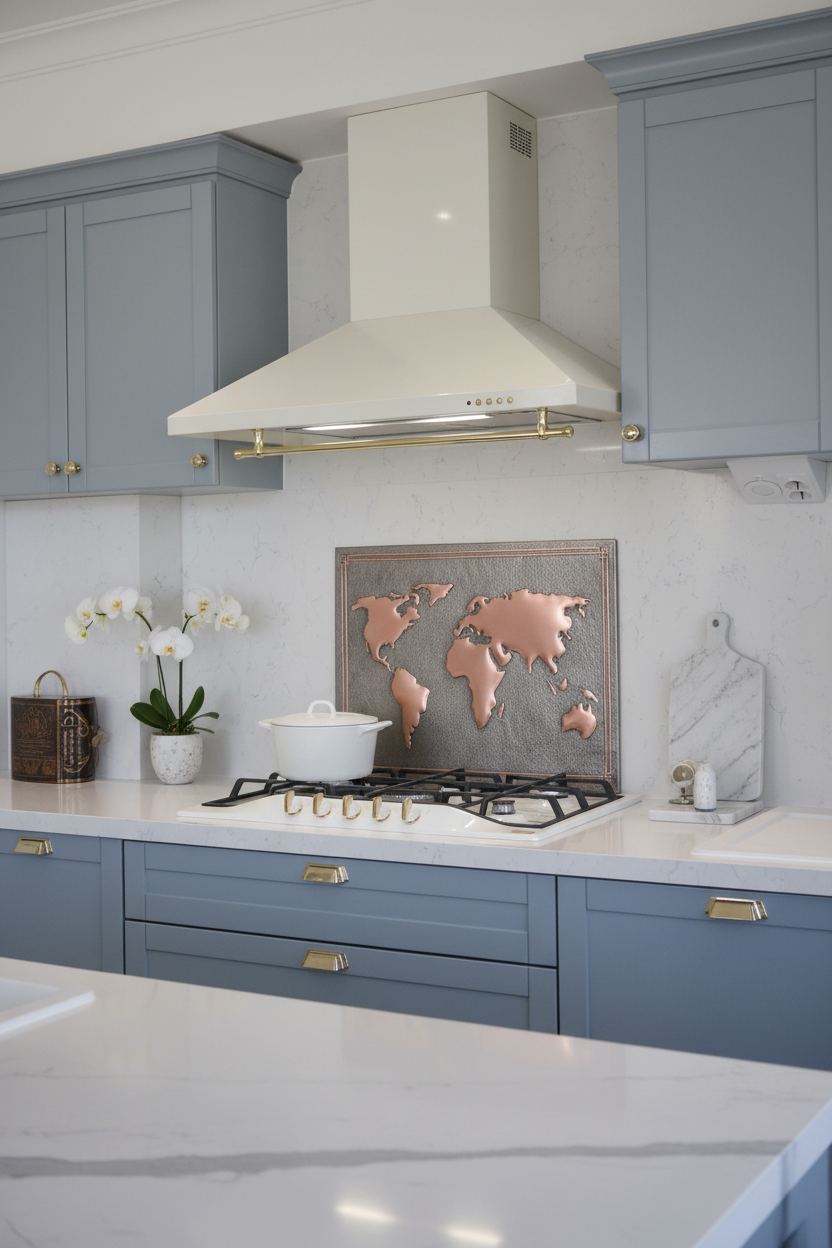 Elegant World Map Gray & Copper Backsplash in Transitional Kitchen with Gray Cabinets