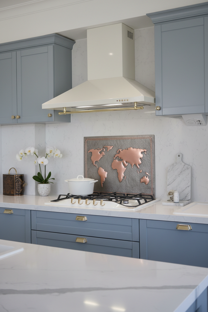 Elegant World Map Gray & Copper Backsplash in Transitional Kitchen with Gray Cabinets