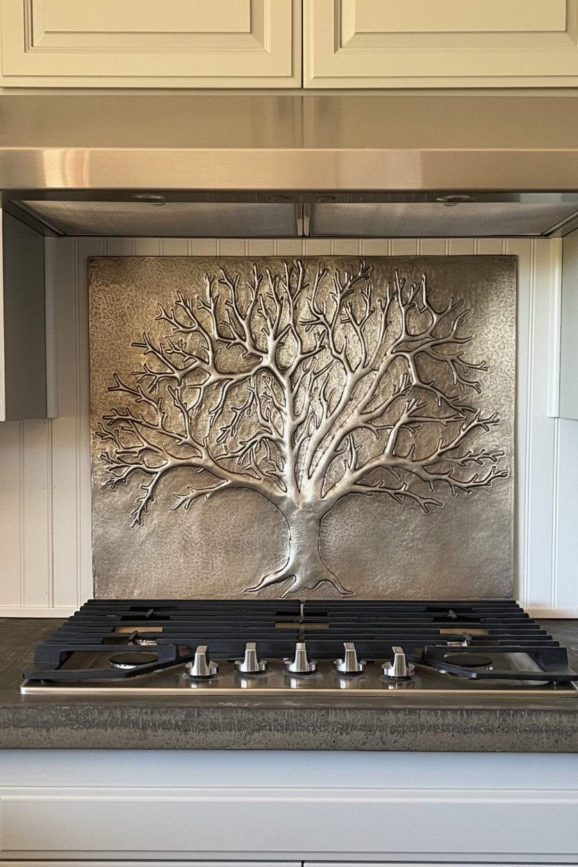 Eternal Tree Copper Backsplash Gray - close front view