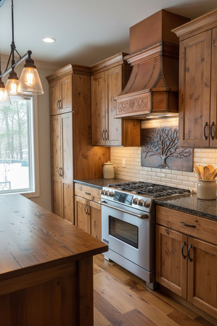 Eternal Tree Copper Backsplash - rustic kitchen