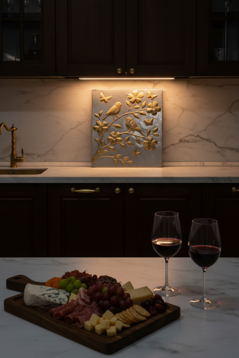 Evening luxury kitchen scene with illuminated gold-tone brass and silver-plated backsplash panel