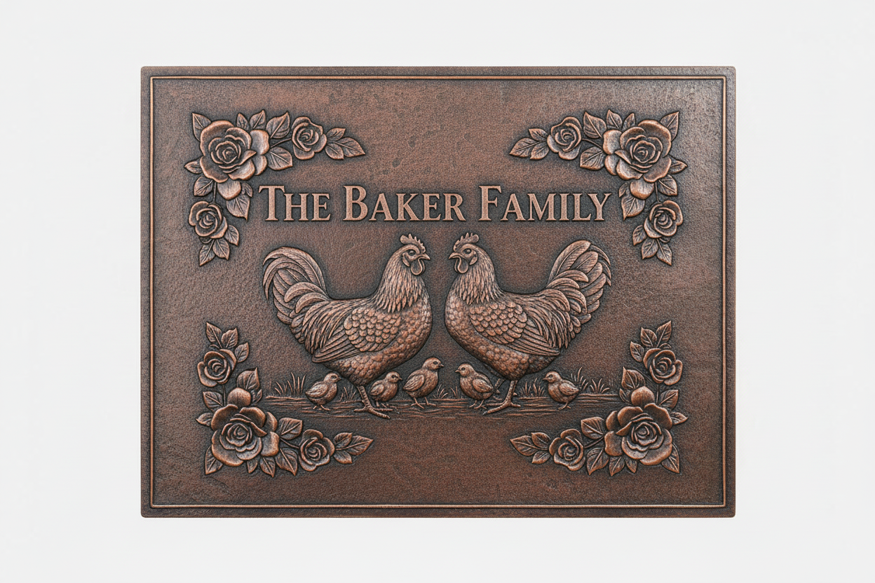 Family Name Sign with two adults and three chicks brown patina panel