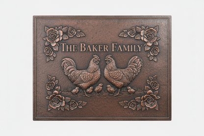 Family Name Sign with two adults and three chicks brown patina panel