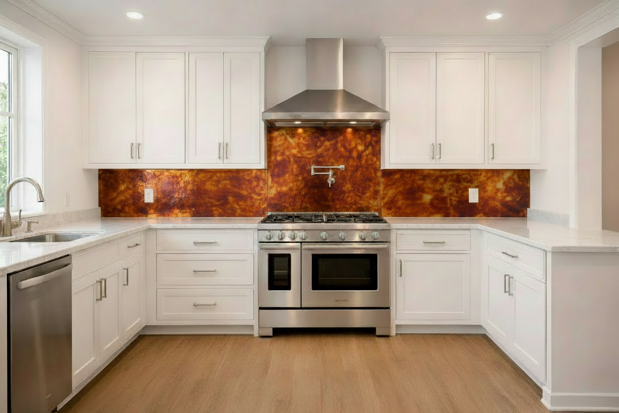 Fire Copper Backsplash — White Shaker Kitchen