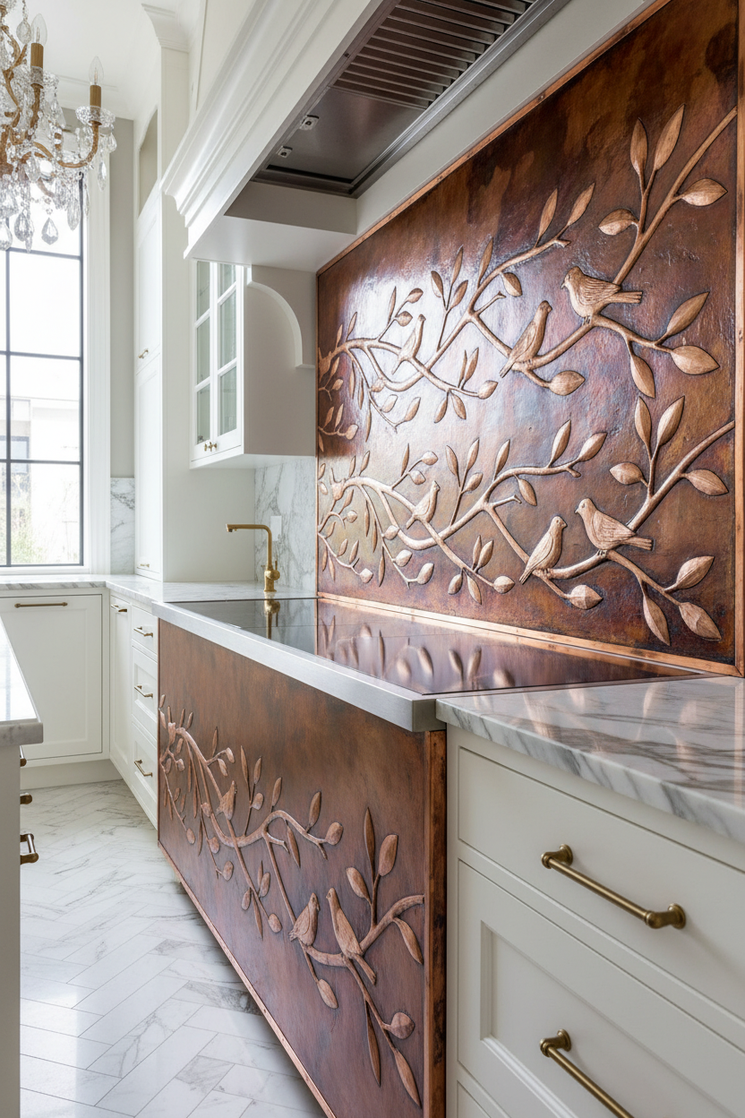 Fire Copper Tree Branches Panel EXTREMELY CLOSE Stove Backsplash Angled Left View Dream Luxury Kitchen