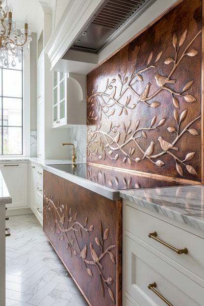 Fire Copper Tree Branches Panel EXTREMELY CLOSE Stove Backsplash Angled Left View Dream Luxury Kitchen
