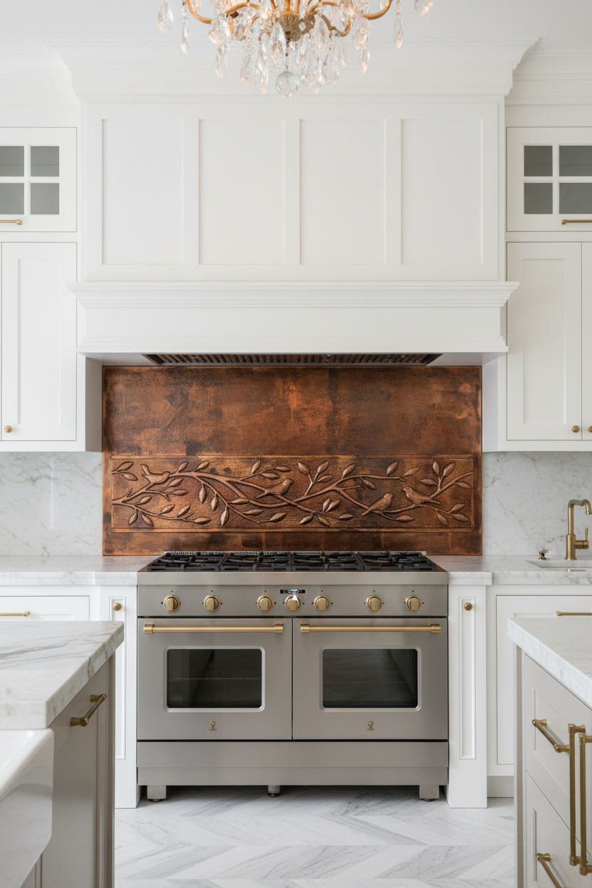 Fire Copper Tree Branches Panel EXTREMELY CLOSE Stove Backsplash Front View Dream Luxury Kitchen