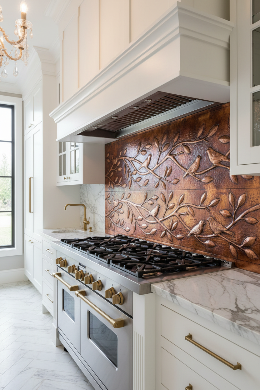 Fire Copper Tree Branches Panel EXTREMELY CLOSE Stove Backsplash Slight Angled Left View Dream Luxury Kitchen