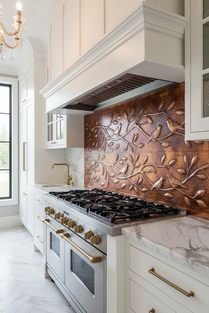 Fire Copper Tree Branches Panel EXTREMELY CLOSE Stove Backsplash Slight Angled Left View Dream Luxury Kitchen