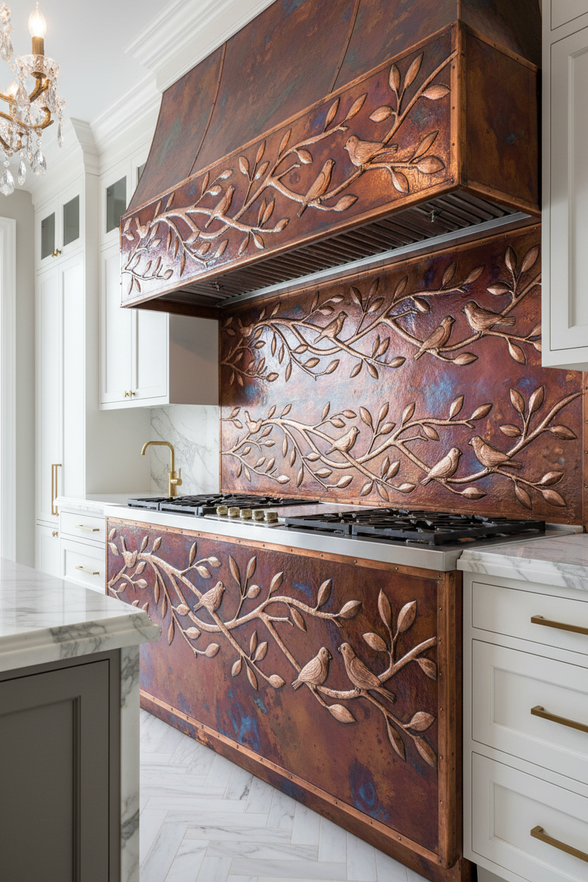 Fire Copper Tree Branches Panel EXTREMELY CLOSE Stove Backsplash Slight Angled Right View Dream Luxury Kitchen