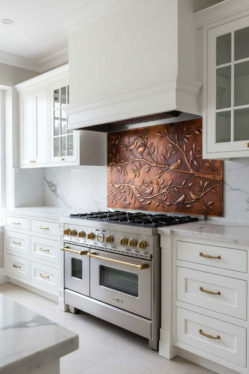 Fire Copper Tree Branches Panel Kitchen Backsplash Behind Stove Portrait