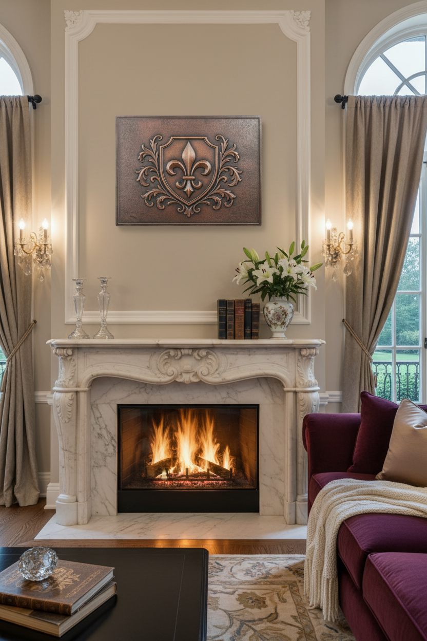 Fleur-de-Lis Copper Wall Art Above Marble Fireplace in French Manor