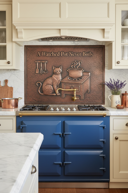 French Country A Watched Pot Never Boils Copper Backsplash with Blue Range