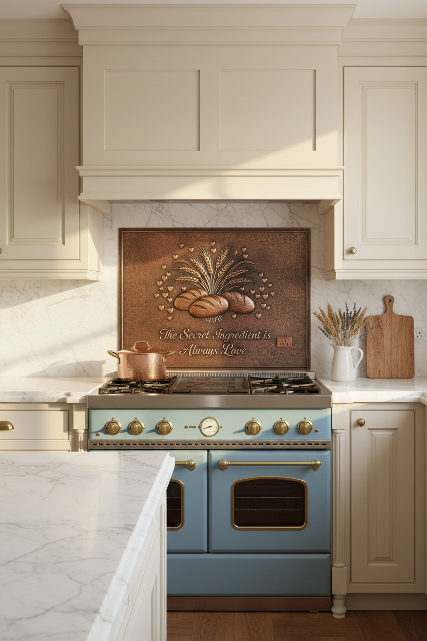 French Country Custom Quote Copper Backsplash with Bread Wheat and Hearts Design