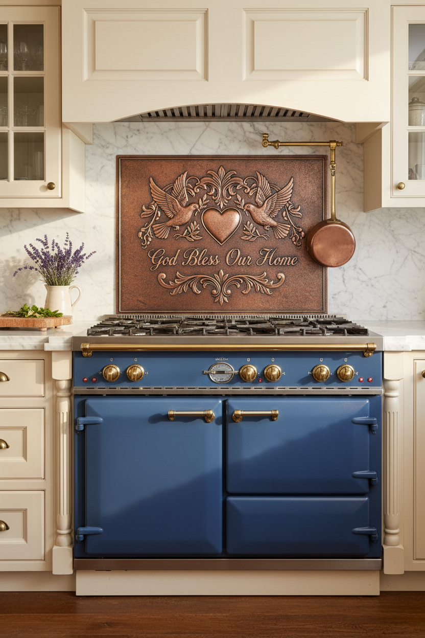 French Country God Bless Our Home Copper Backsplash with Blue Range
