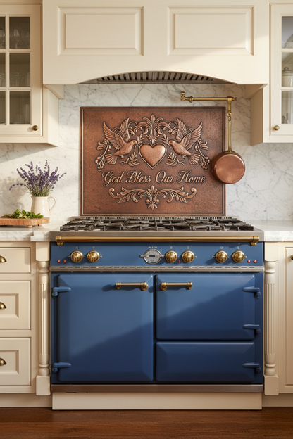 French Country God Bless Our Home Copper Backsplash with Blue Range