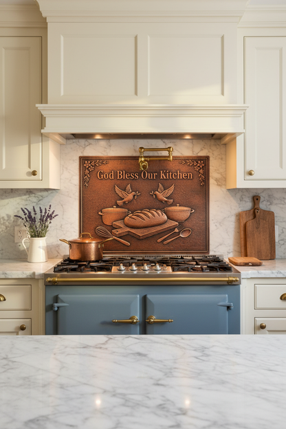 French Country God Bless Our Kitchen Copper Backsplash with Blue Range