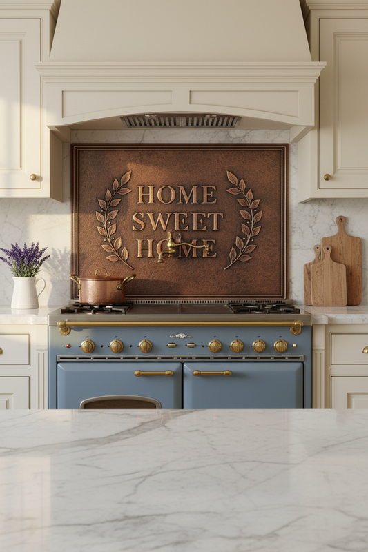 French Country Home Sweet Home Copper Backsplash with Blue Range and Marble Counters