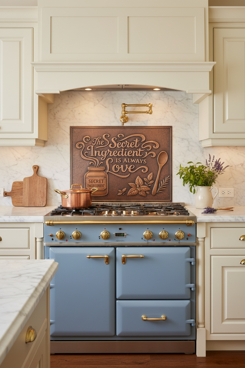 French Country The Secret Ingredient is Always Love Copper Backsplash with Blue Range