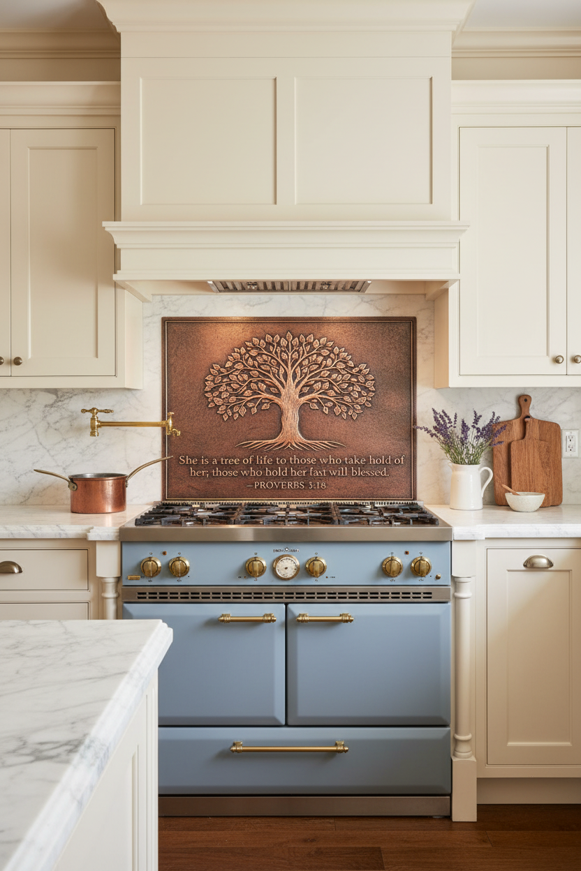 French Country Tree of Life Bible Verse Copper Backsplash Proverbs 3:18 with Blue Range