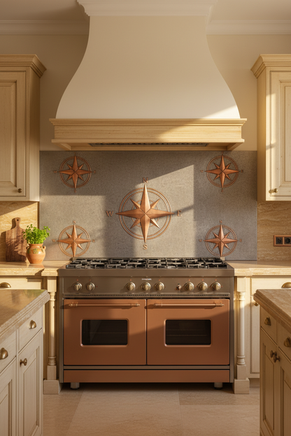 Full Wall Compass Rose Gray & Copper Backsplash 96-120 Inches Wide Mediterranean Villa
