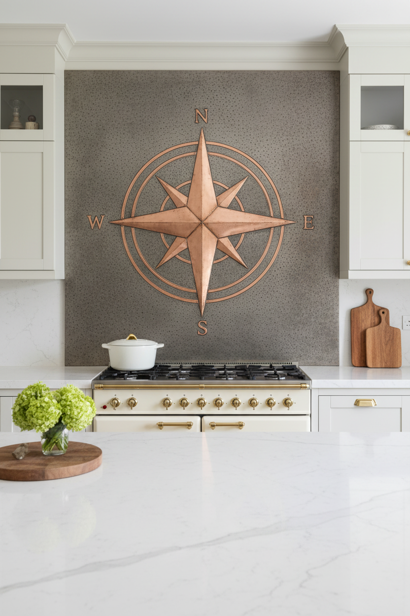 Full Wall Compass Rose Gray & Copper Backsplash 96-120 Inches Wide Modern Farmhouse Estate