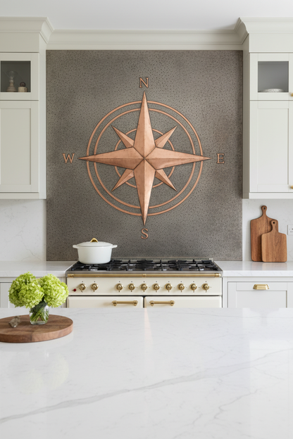 Full Wall Compass Rose Gray & Copper Backsplash 96-120 Inches Wide Modern Farmhouse Estate