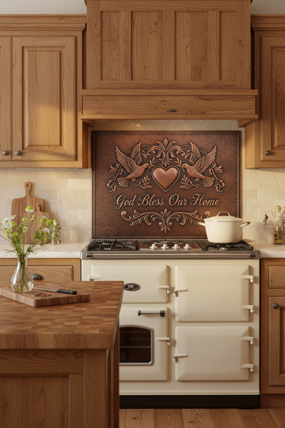 God Bless Our Home Copper Backsplash in Traditional Farmhouse Kitchen