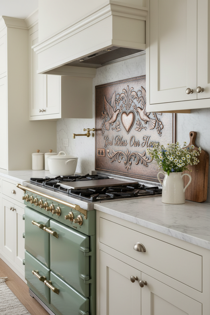 God Bless Our Home Copper Kitchen Backsplash in Cottage Farmhouse with Sage Green Range
