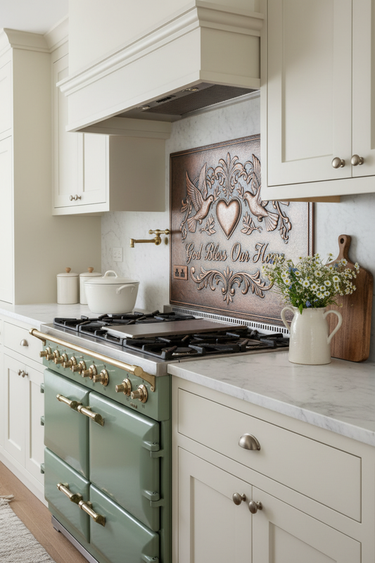 God Bless Our Home Copper Kitchen Backsplash in Cottage Farmhouse with Sage Green Range
