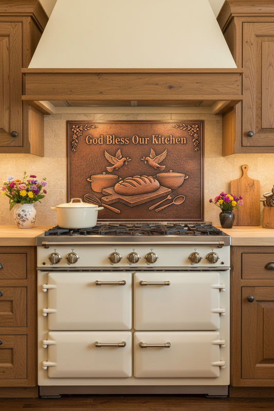 God Bless Our Kitchen Copper Backsplash in Traditional Farmhouse Kitchen