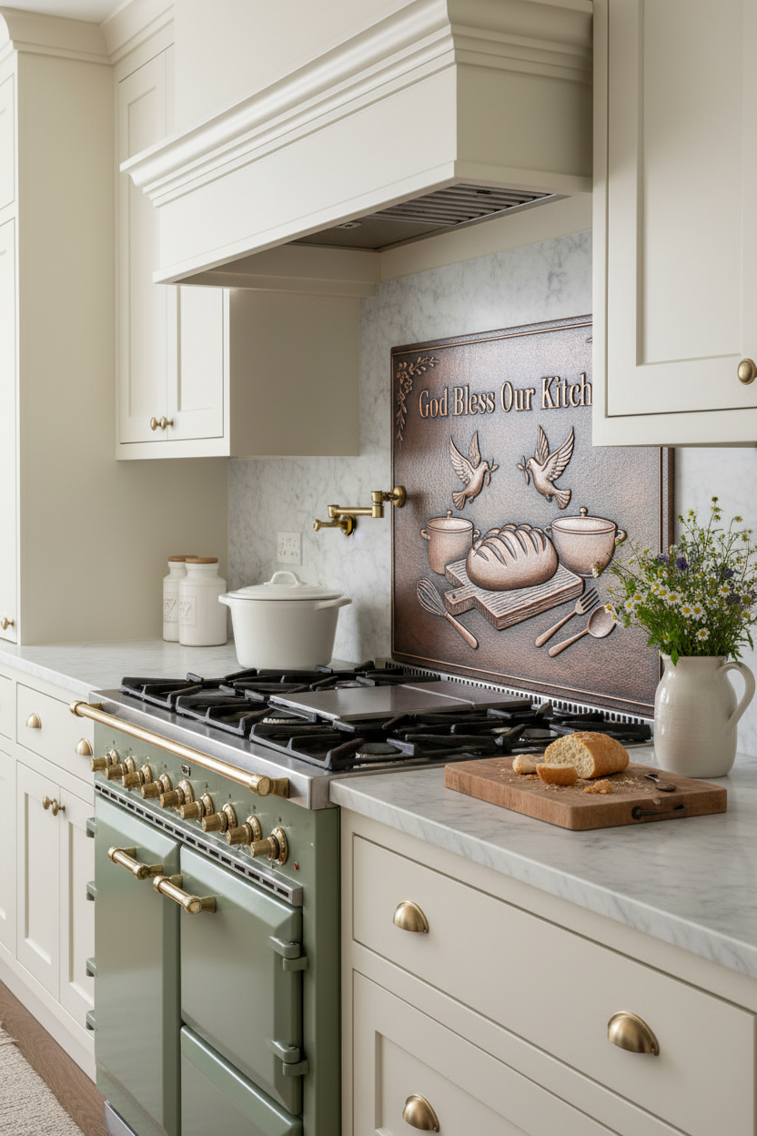 God Bless Our Kitchen Copper Stove Backsplash in Cottage Farmhouse with Sage Green Range