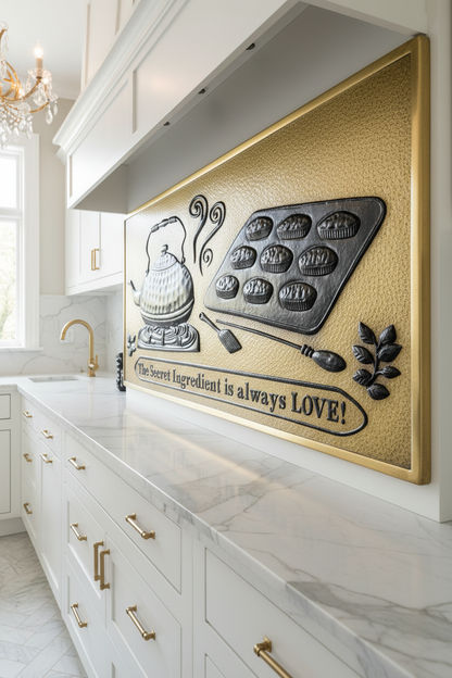 Gold Black Tea Kettle Tray Panel EXTREMELY CLOSE Stove Backsplash Angled Left View Dream Luxury Kitchen