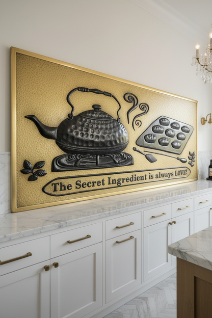 Gold Black Tea Kettle Tray Panel EXTREMELY CLOSE Stove Backsplash Angled Right View Dream Luxury Kitchen