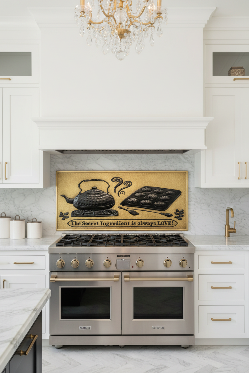 Gold Black Tea Kettle Tray Panel EXTREMELY CLOSE Stove Backsplash Front View Dream Luxury Kitchen