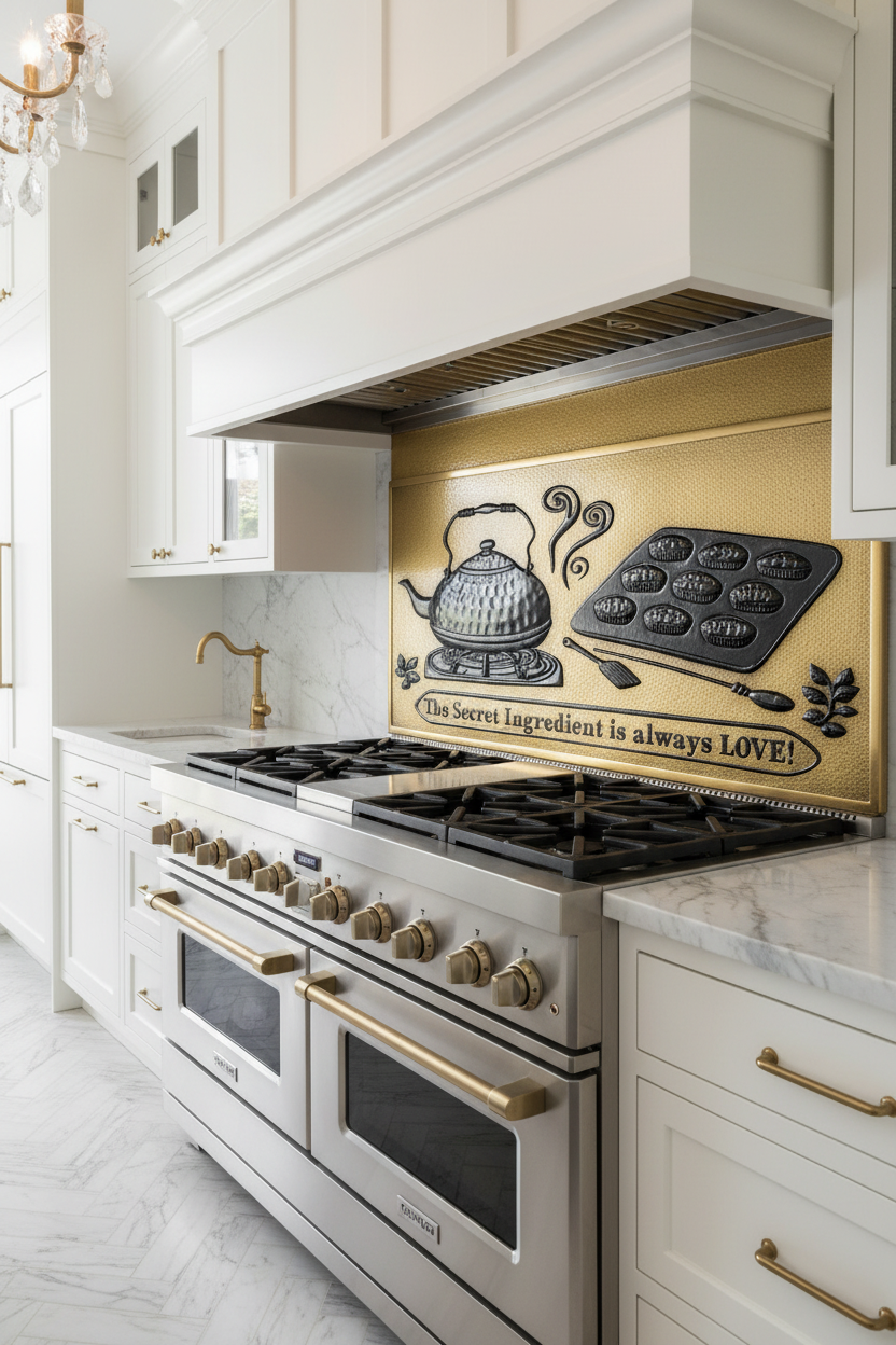 Gold Black Tea Kettle Tray Panel EXTREMELY CLOSE Stove Backsplash Slight Angled Left View Dream Luxury Kitchen