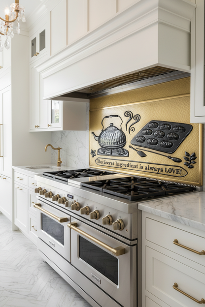 Gold Black Tea Kettle Tray Panel EXTREMELY CLOSE Stove Backsplash Slight Angled Left View Dream Luxury Kitchen