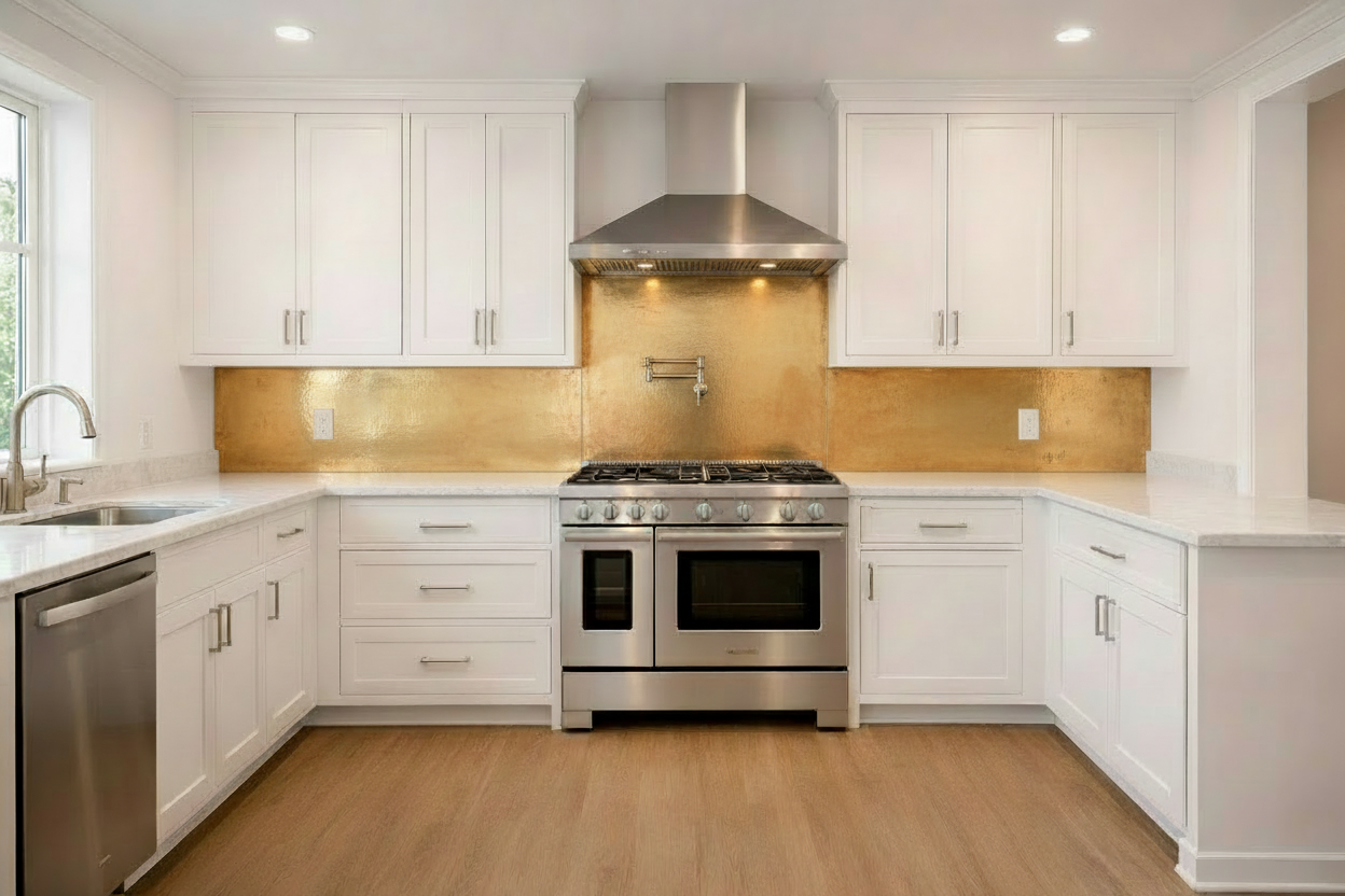 Gold/Brass Backsplash — White Shaker Kitchen