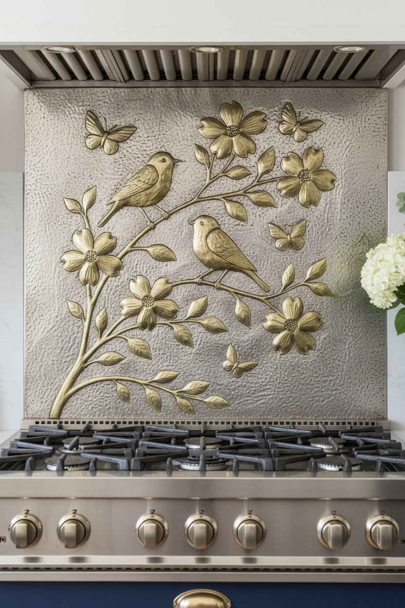Gold & Silver Metal Backsplash Panel - 52x36 inch handmade birds and flowers close-up