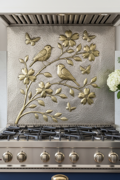 Gold & Silver Metal Backsplash Panel - 52x36 inch handmade birds and flowers close-up