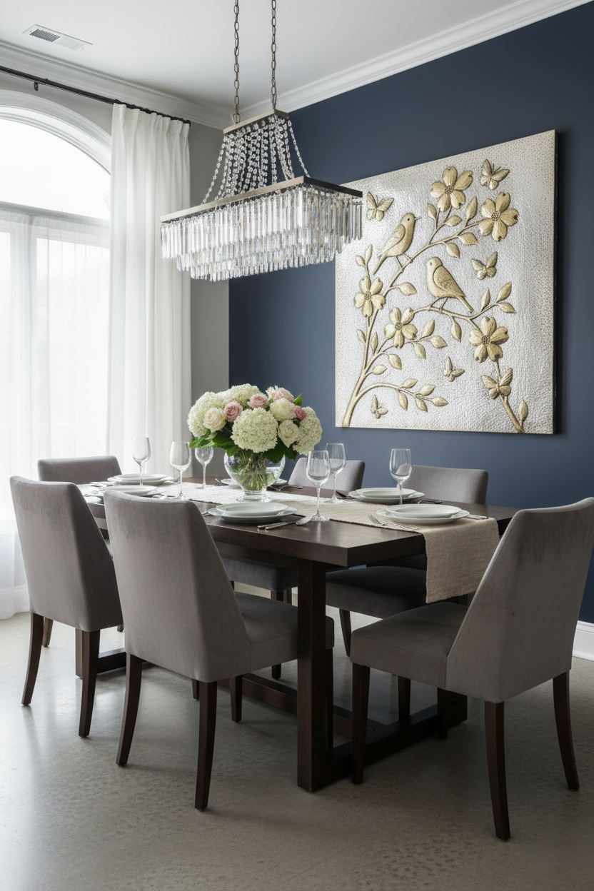 Gold & Silver Metal Panel - 38x38 inch birds and flowers dining room art