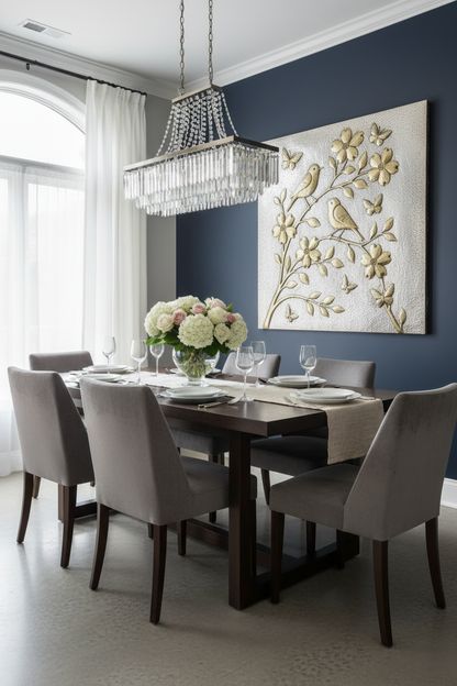 Gold & Silver Metal Panel - 38x38 inch birds and flowers dining room art