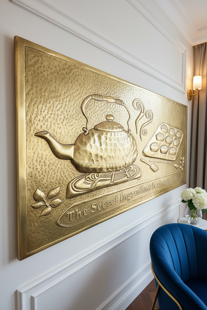Gold Tea Kettle Baking Tray Panel EXTREMELY CLOSE Wall Art Dream Luxury Living Room Natural Brass Finish Same Design Relief Texture 6mm Thickness