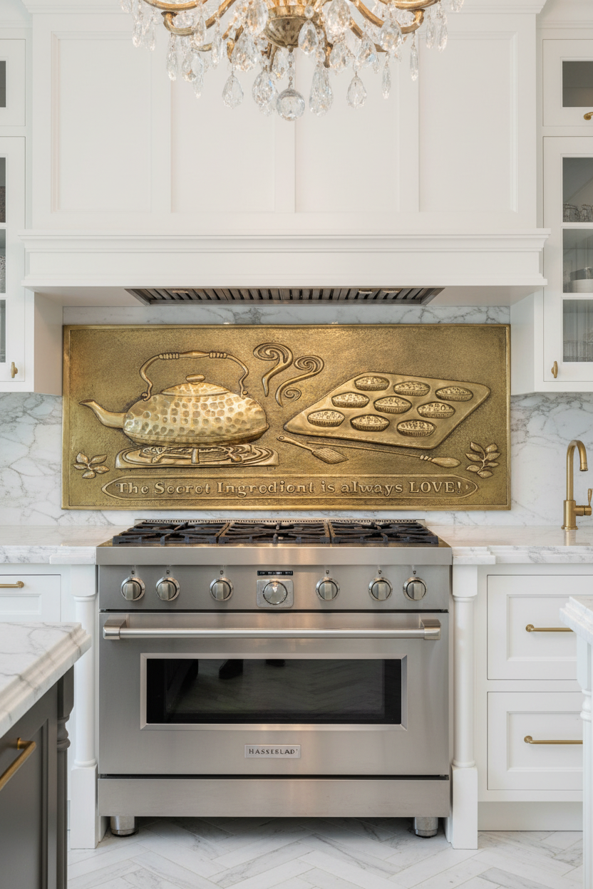 Gold Tea Kettle Baking Tray Panel Natural Brass Stove Backsplash Ultra-Luxury Upscale Designer Kitchen 6mm Thickness