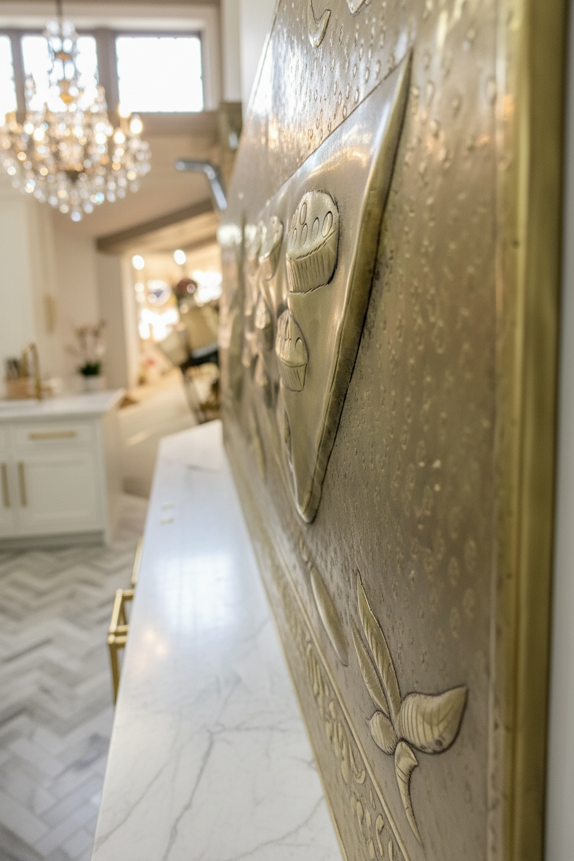 Gold Tea Kettle Baking Tray Panel Natural Brass Stove Backsplash Ultra-Luxury Upscale Designer Kitchen Slight Angled Left 6mm Thickness