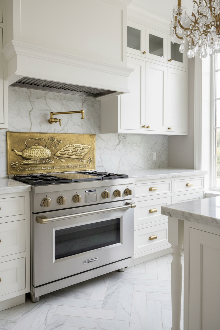 Gold Tea Kettle Tray Panel Natural Brass Behind Stove Closer View Ultra Luxury Dream Kitchen